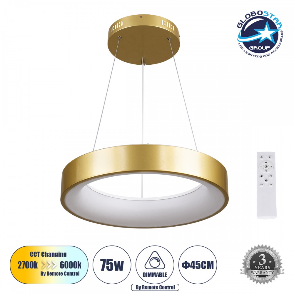 GLOBOSTAR® SALEM 61243 Μοντέρνο Κρεμαστό Φωτιστικό Οροφής LED 75W 8625lm 120° AC 220-240V IP20 Ρυθμιζόμενο Λευκό CCT με Χειριστήριο από 2700K έως 6000K Dimmable - Lumileds SMD Chip - Χρυσό - Μ45 x Π45 x Υ7cm - 3 Χρόνια Εγγύηση