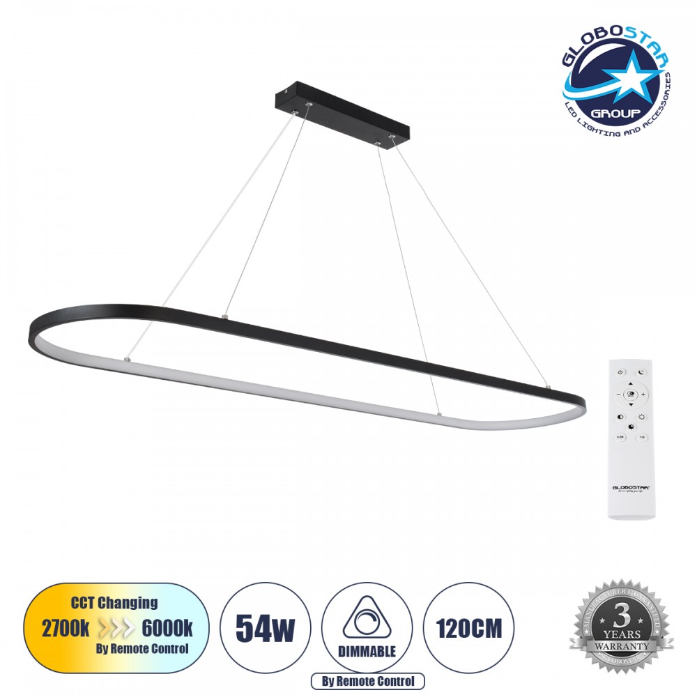 GLOBOSTAR® BOLIVAR 61271 Μοντέρνο Κρεμαστό Φωτιστικό Οροφής LED 54W 6210lm 360° AC 220-240V IP20 Ρυθμιζόμενο Λευκό CCT με Χειριστήριο από 2700K έως 6000K Dimmable - Lumileds SMD Chip - Μαύρο Ματ - Μ120 x Π30 x Υ2cm - 3 Χρόνια Εγγύηση