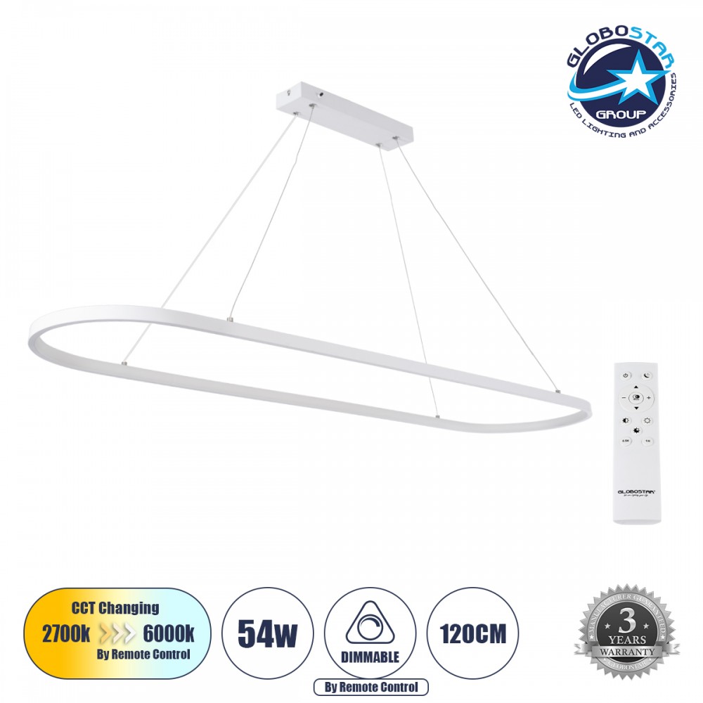 GLOBOSTAR® BOLIVAR 61272 Μοντέρνο Κρεμαστό Φωτιστικό Οροφής LED 54W 6210lm 360° AC 220-240V IP20 Ρυθμιζόμενο Λευκό CCT με Χειριστήριο από 2700K έως 6000K Dimmable - Lumileds SMD Chip - Λευκό Ματ - Μ120 x Π30 x Υ2cm - 3 Χρόνια Εγγύηση