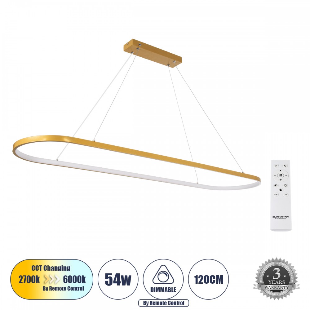 GLOBOSTAR® BOLIVAR 61274 Μοντέρνο Κρεμαστό Φωτιστικό Οροφής LED 54W 6210lm 360° AC 220-240V IP20 Ρυθμιζόμενο Λευκό CCT με Χειριστήριο από 2700K έως 6000K Dimmable - Lumileds SMD Chip - Χρυσό Βούρτσας - Μ120 x Π30 x Υ2cm - 3 Χρόνια Εγγύηση
