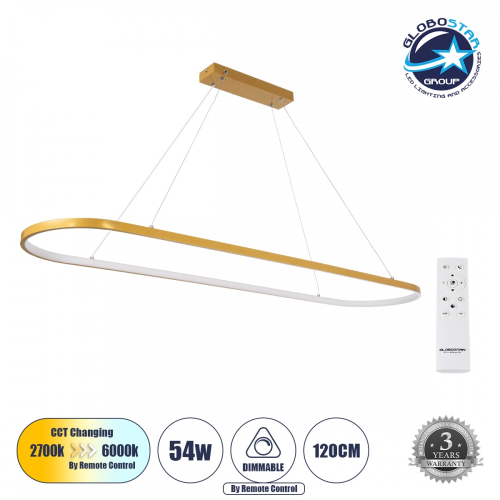 GLOBOSTAR® BOLIVAR 61274 Μοντέρνο Κρεμαστό Φωτιστικό Οροφής LED 54W 6210lm 360° AC 220-240V IP20 Ρυθμιζόμενο Λευκό CCT με Χειριστήριο από 2700K έως 6000K Dimmable - Lumileds SMD Chip - Χρυσό Βούρτσας - Μ120 x Π30 x Υ2cm - 3 Χρόνια Εγγύηση
