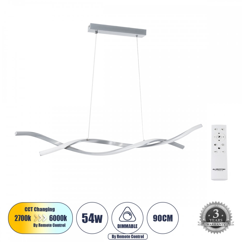 GLOBOSTAR® MORALES 61277 Μοντέρνο Κρεμαστό Φωτιστικό Οροφής LED 54W 6048lm 300° AC 220-240V IP20 Ρυθμιζόμενο Λευκό CCT με Χειριστήριο από 2700K έως 6000K Dimmable - Lumileds SMD Chip - Νίκελ Βούρτσας - Μ90 x Π14 x Υ14cm - 3 Χρόνια Εγγύηση