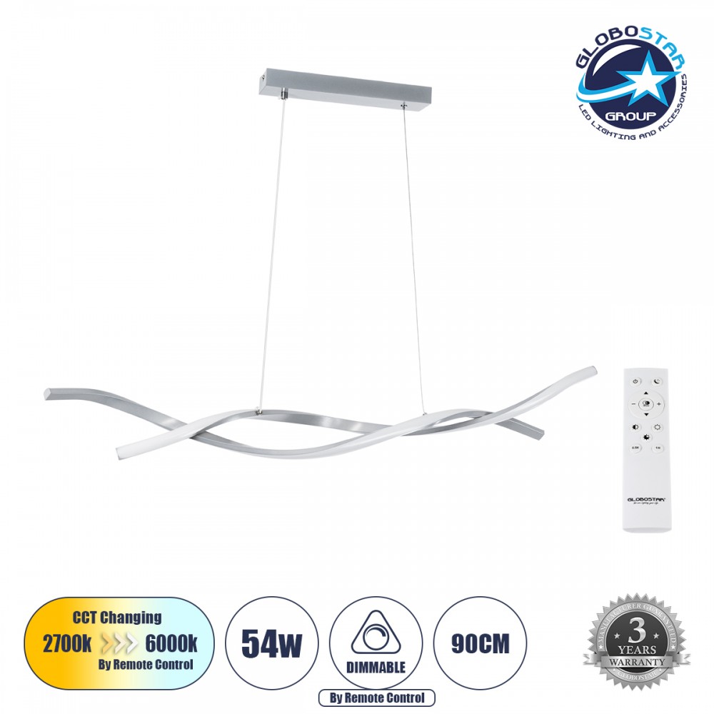 GLOBOSTAR® MORALES 61277 Μοντέρνο Κρεμαστό Φωτιστικό Οροφής LED 54W 6048lm 300° AC 220-240V IP20 Ρυθμιζόμενο Λευκό CCT με Χειριστήριο από 2700K έως 6000K Dimmable - Lumileds SMD Chip - Νίκελ Βούρτσας - Μ90 x Π14 x Υ14cm - 3 Χρόνια Εγγύηση