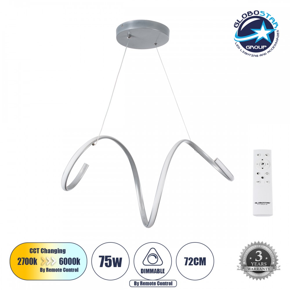 GloboStar® SPIRALE 61285 Κρεμαστό Φωτιστικό Οροφής Design LED CCT 75W 8400lm 300° AC 220-240V - Εναλλαγή Φωτισμού μέσω Τηλεχειριστηρίου All In One Ψυχρό 6000k+Φυσικό 4500k+Θερμό 2700k Dimmable Μ72 x Π25 x Υ30cm - Νίκελ Ασημί Βούρτσας - 3 Years Warranty