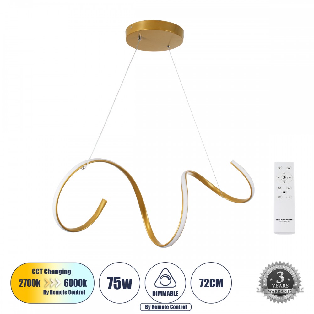 GLOBOSTAR® SPIRALE 61286 Μοντέρνο Κρεμαστό Φωτιστικό Οροφής LED 75W 8400lm 300° AC 220-240V IP20 Ρυθμιζόμενο Λευκό CCT με Χειριστήριο από 2700K έως 6000K Dimmable - Lumileds SMD Chip - Χρυσό Βούρτσας - Μ72 x Π25 x Υ30cm - 3 Χρόνια Εγγύηση
