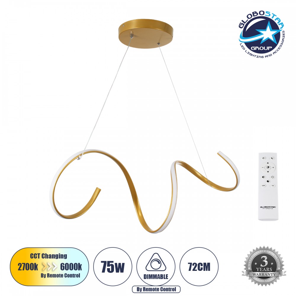 GLOBOSTAR® SPIRALE 61286 Μοντέρνο Κρεμαστό Φωτιστικό Οροφής LED 75W 8400lm 300° AC 220-240V IP20 Ρυθμιζόμενο Λευκό CCT με Χειριστήριο από 2700K έως 6000K Dimmable - Lumileds SMD Chip - Χρυσό Βούρτσας - Μ72 x Π25 x Υ30cm - 3 Χρόνια Εγγύηση