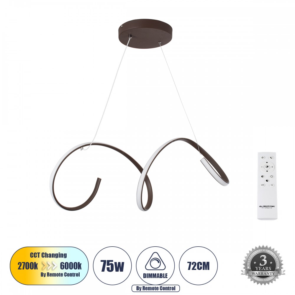 GLOBOSTAR® SPIRALE 61287 Μοντέρνο Κρεμαστό Φωτιστικό Οροφής LED 75W 8400lm 300° AC 220-240V IP20 Ρυθμιζόμενο Λευκό CCT με Χειριστήριο από 2700K έως 6000K Dimmable - Lumileds SMD Chip - Καφέ Ματ - Μ72 x Π25 x Υ30cm - 3 Χρόνια Εγγύηση
