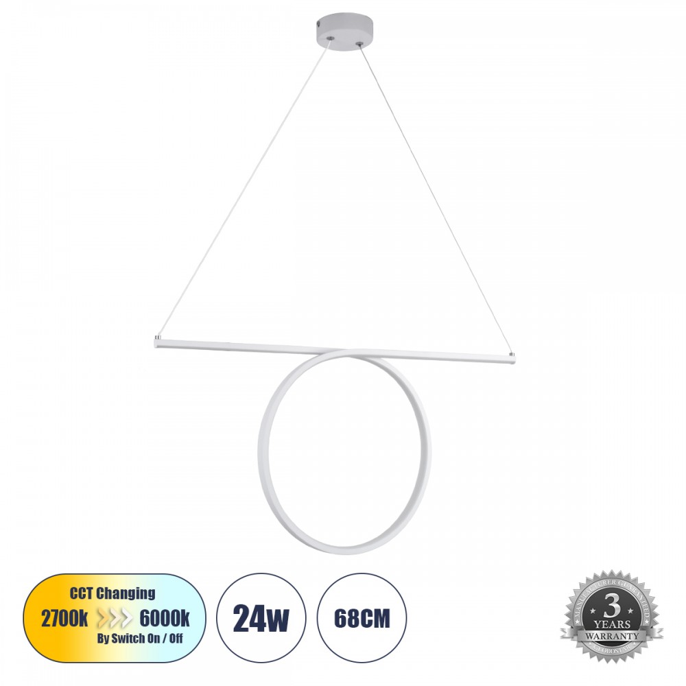 GLOBOSTAR® ROME 61295 Μοντέρνο Κρεμαστό Φωτιστικό Οροφής LED 24W 2640lm 200° AC 220-240V IP20 Ρυθμιζόμενο Λευκό CCT με On/Off 2700K/4500K/6000K - Lumileds SMD Chip - Λευκό Ματ - Μ65.5 x Π4 x Υ33cm - 3 Χρόνια Εγγύηση