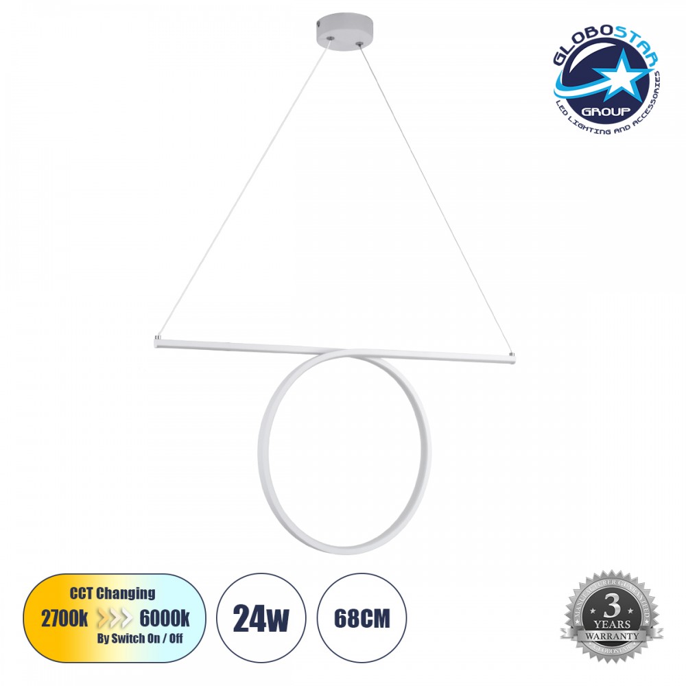 GLOBOSTAR® ROME 61295 Μοντέρνο Κρεμαστό Φωτιστικό Οροφής LED 24W 2640lm 200° AC 220-240V IP20 Ρυθμιζόμενο Λευκό CCT με On/Off 2700K/4500K/6000K - Lumileds SMD Chip - Λευκό Ματ - Μ65.5 x Π4 x Υ33cm - 3 Χρόνια Εγγύηση