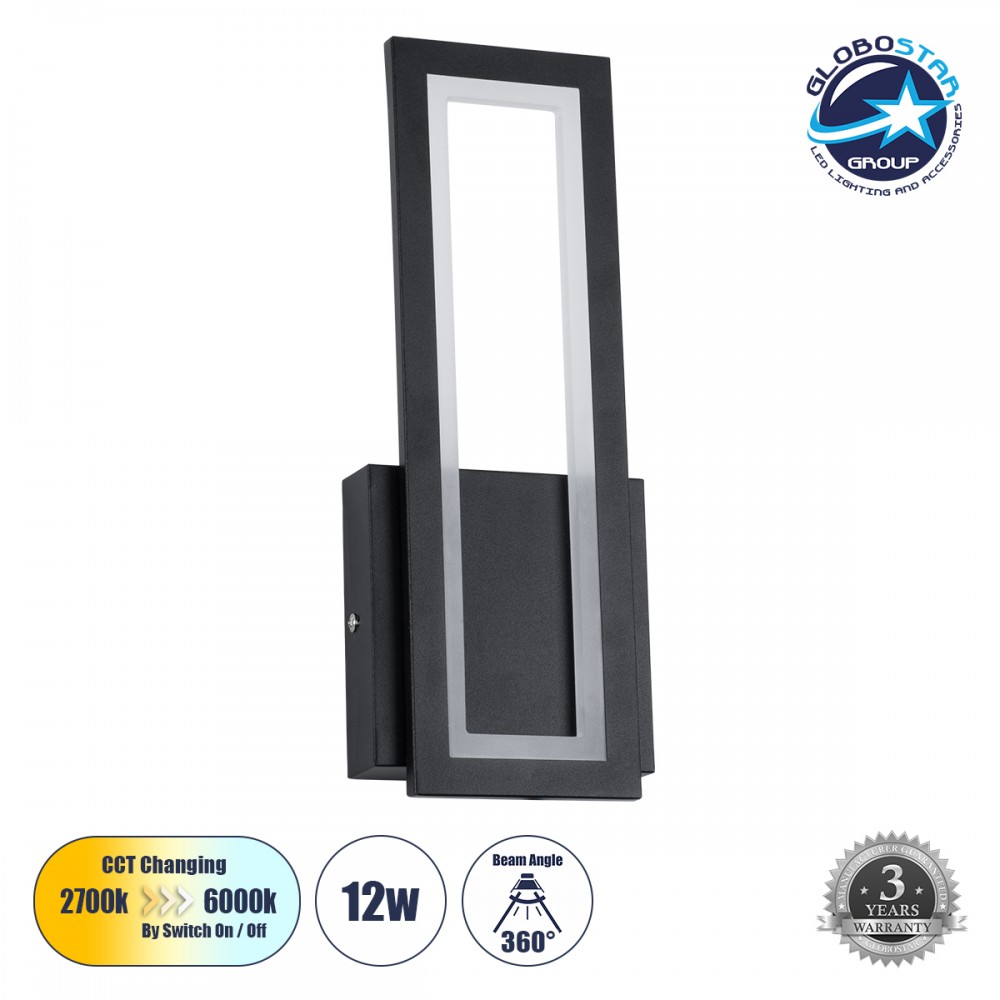 GloboStar® TIARA 61327 Φωτιστικό Τοίχου - Απλίκα Design LED CCT 12W 1440lm 360° AC 220-240V - Εναλλαγή Φωτισμού μέσω Διακόπτη On/Off All In One Ψυχρό 6000k+Φυσικό 4500k+Θερμό 2700k Μ12.5 x Π4 x Υ32cm - Μαύρο - 3 Years Warranty