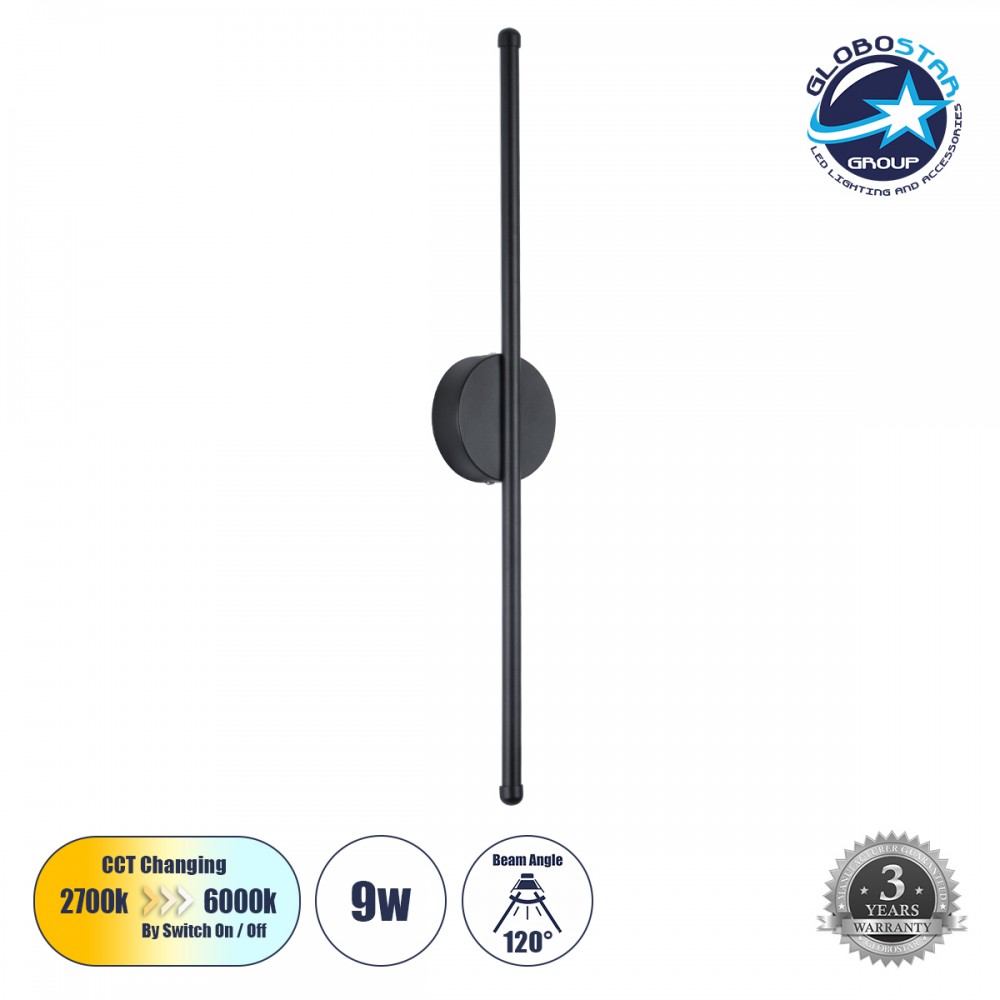 GLOBOSTAR® DIADEM 61329 Μοντέρνο Φωτιστικό Τοίχου - Απλίκα LED 9W 1080lm 120° AC 220-240V IP20 Ρυθμιζόμενο Λευκό CCT με On/Off 2700K/4500K/6000K - Lumileds SMD Chip - Μαύρο Ματ - Μ10 x Π4 x Υ60cm - 3 Χρόνια Εγγύηση