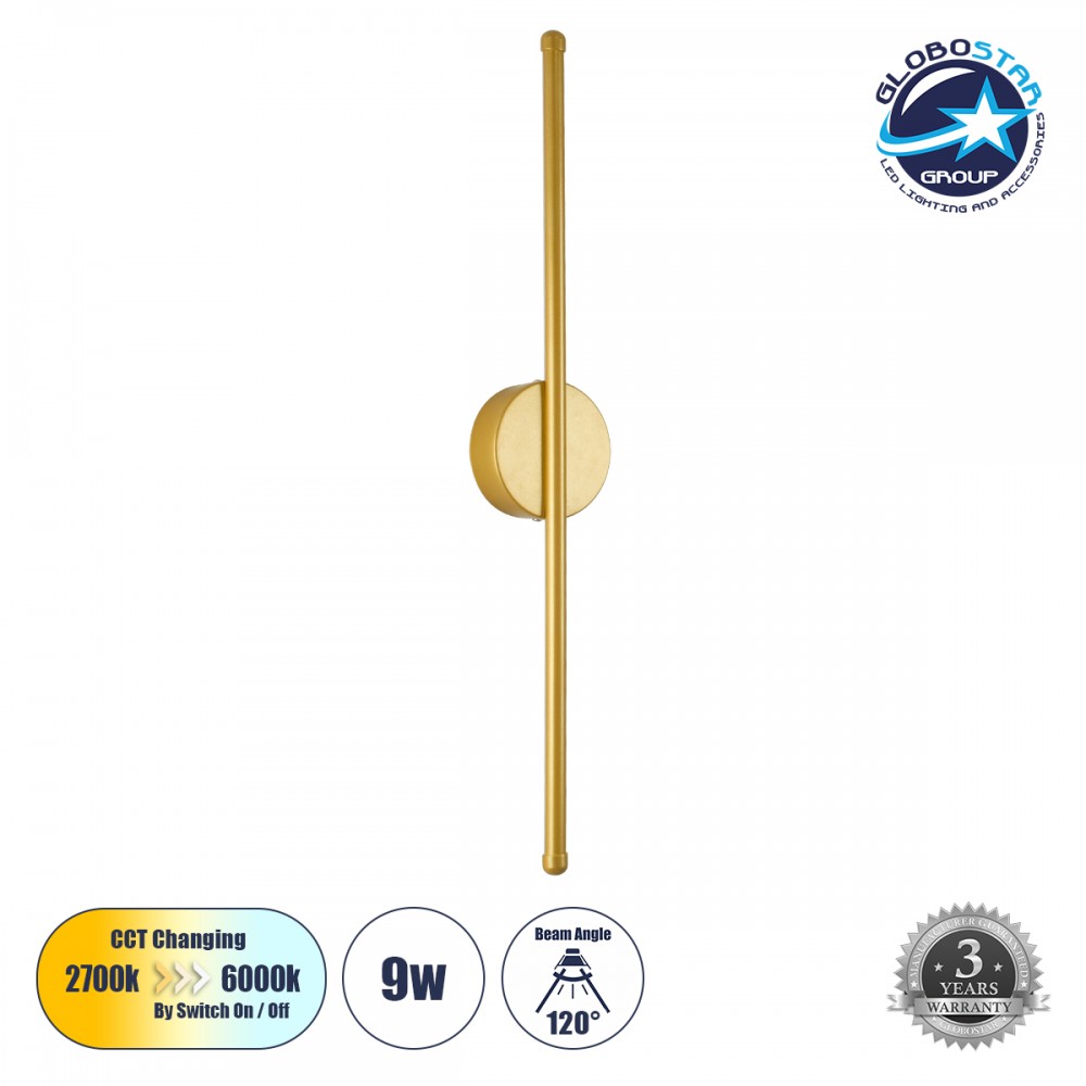 GloboStar® DIADEM 61330 Φωτιστικό Τοίχου - Απλίκα Design LED CCT 9W 1080lm 120° AC 220-240V - Εναλλαγή Φωτισμού μέσω Διακόπτη On/Off All In One Ψυχρό 6000k+Φυσικό 4500k+Θερμό 2700k Μ10 x Π4 x Υ60cm - Χρυσό - 3 Years Warranty