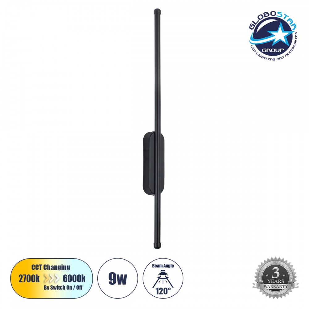 GloboStar® HARLEM 61331 Φωτιστικό Τοίχου - Απλίκα Design LED CCT 9W 1080lm 120° AC 220-240V - Εναλλαγή Φωτισμού μέσω Διακόπτη On/Off All In One Ψυχρό 6000k+Φυσικό 4500k+Θερμό 2700k Μ5 x Π4 x Υ60cm - Μαύρο - 3 Years Warranty