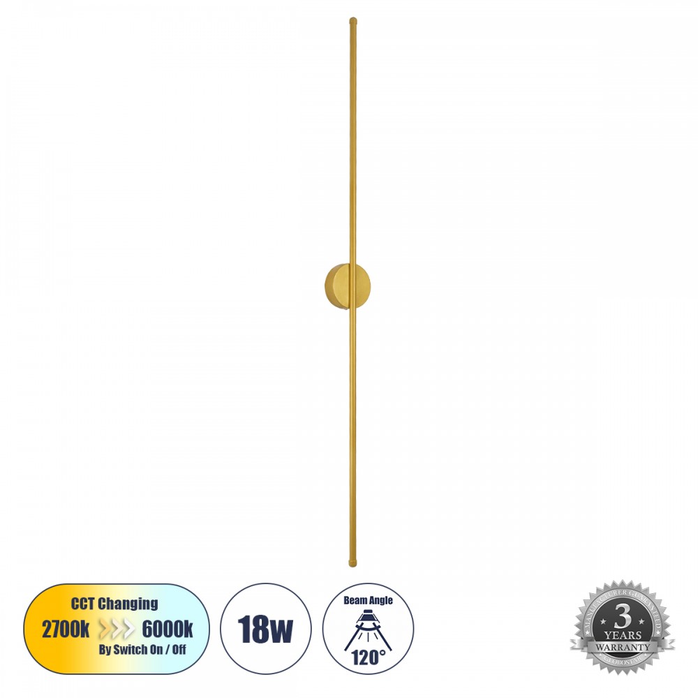 GLOBOSTAR® DIADEM 61334 Μοντέρνο Φωτιστικό Τοίχου - Απλίκα LED 18W 2160lm 120° AC 220-240V IP20 Ρυθμιζόμενο Λευκό CCT με On/Off 2700K/4500K/6000K - Lumileds SMD Chip - Χρυσό Βούρτσας - Μ10 x Π4 x Υ120cm - 3 Χρόνια Εγγύηση