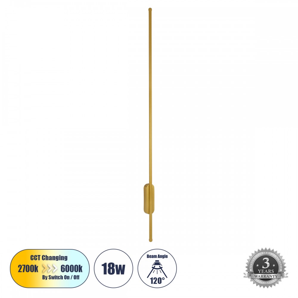 GLOBOSTAR® HARLEM 61336 Μοντέρνο Φωτιστικό Τοίχου - Απλίκα LED 18W 2160lm 120° AC 220-240V IP20 Ρυθμιζόμενο Λευκό CCT με On/Off 2700K/4500K/6000K - Lumileds SMD Chip - Χρυσό Βούρτσας - Μ5 x Π4 x Υ120cm - 3 Χρόνια Εγγύηση