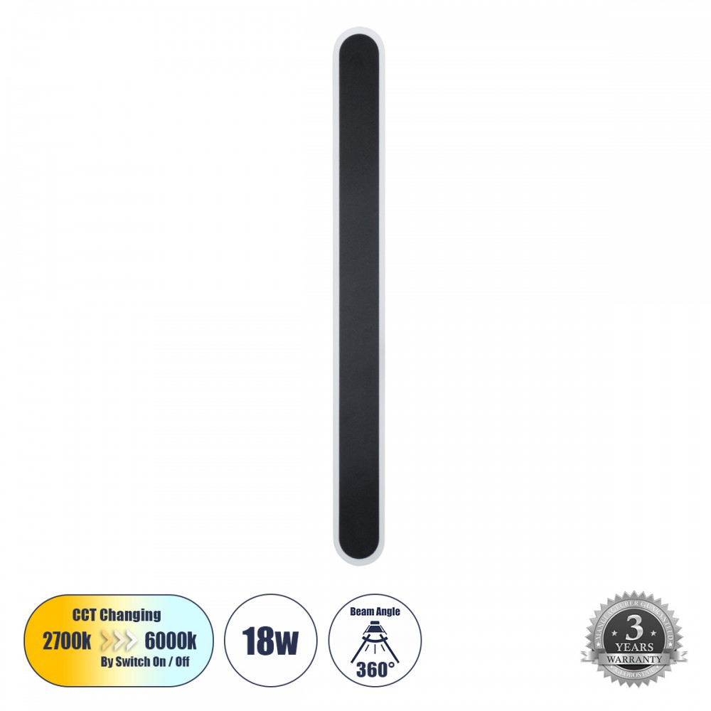 GLOBOSTAR® HOUSTON 61347 Μοντέρνο Φωτιστικό Τοίχου - Απλίκα LED 18W 2160lm 360° AC 220-240V IP20 Ρυθμιζόμενο Λευκό CCT με On/Off 2700K/4500K/6000K - Lumileds SMD Chip - Μαύρο Ματ - Μ6 x Π3 x Υ60cm - 3 Χρόνια Εγγύηση