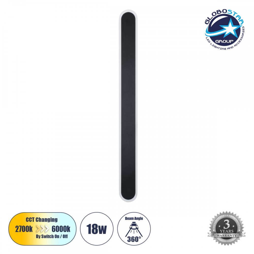 GLOBOSTAR® HOUSTON 61347 Μοντέρνο Φωτιστικό Τοίχου - Απλίκα LED 18W 2160lm 360° AC 220-240V IP20 Ρυθμιζόμενο Λευκό CCT με On/Off 2700K/4500K/6000K - Lumileds SMD Chip - Μαύρο Ματ - Μ6 x Π3 x Υ60cm - 3 Χρόνια Εγγύηση
