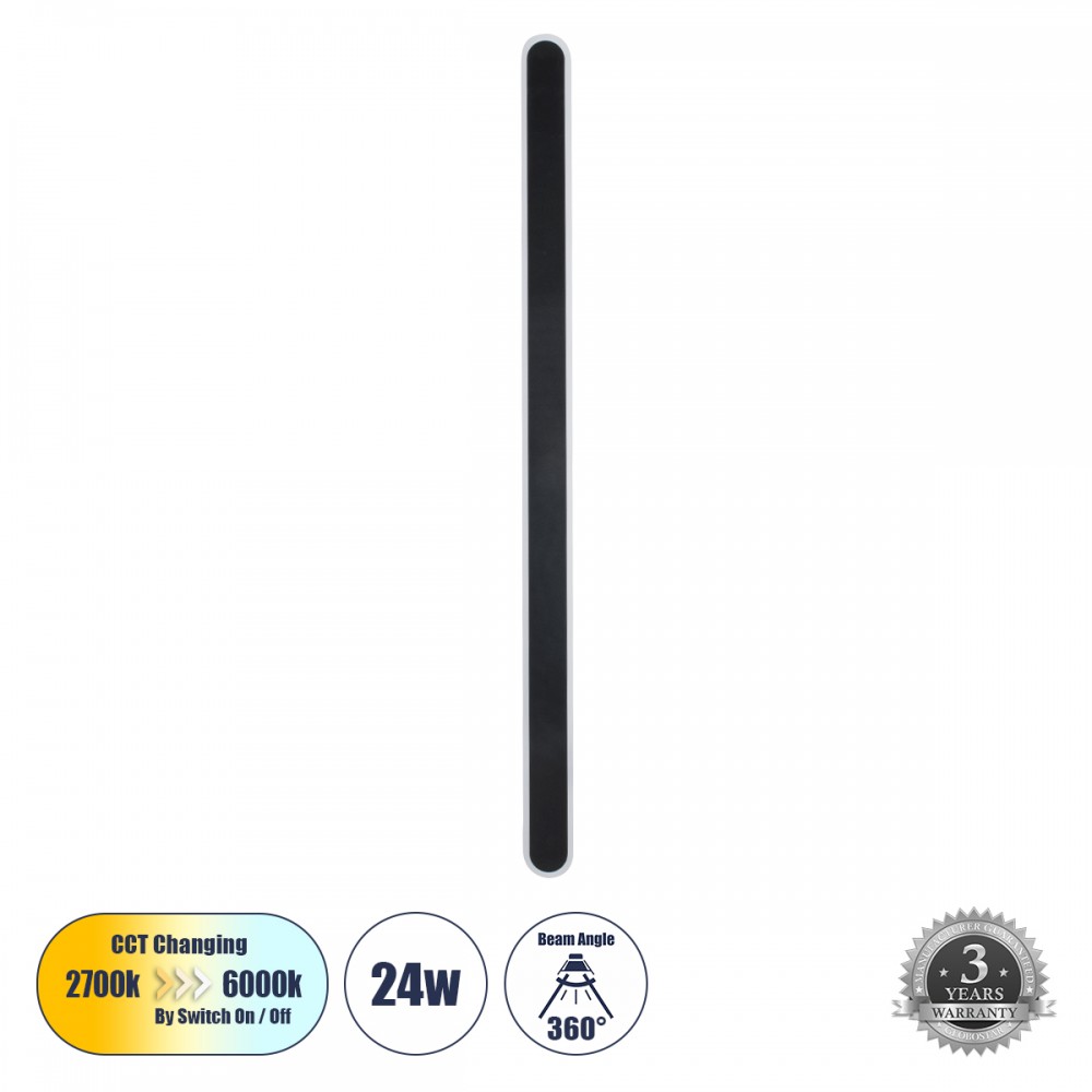 GloboStar® HOUSTON 61349 Φωτιστικό Τοίχου - Απλίκα Design LED CCT 24W 2880lm 360° AC 220-240V - Εναλλαγή Φωτισμού μέσω Διακόπτη On/Off All In One Ψυχρό 6000k+Φυσικό 4500k+Θερμό 2700k Μ6 x Π3 x Υ100cm - Μαύρο - 3 Years Warranty