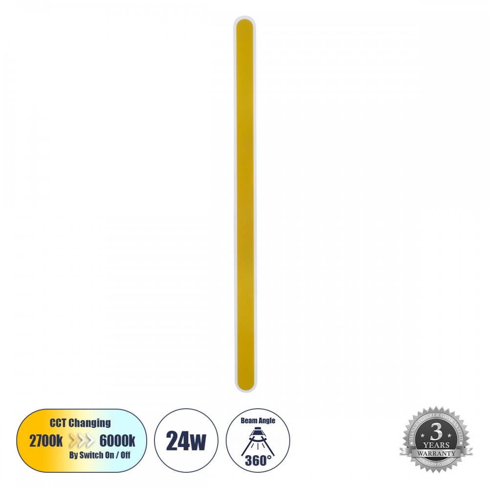 GloboStar® HOUSTON 61350 Φωτιστικό Τοίχου - Απλίκα Design LED CCT 24W 2880lm 360° AC 220-240V - Εναλλαγή Φωτισμού μέσω Διακόπτη On/Off All In One Ψυχρό 6000k+Φυσικό 4500k+Θερμό 2700k Μ6 x Π3 x Υ100cm - Χρυσό - 3 Years Warranty