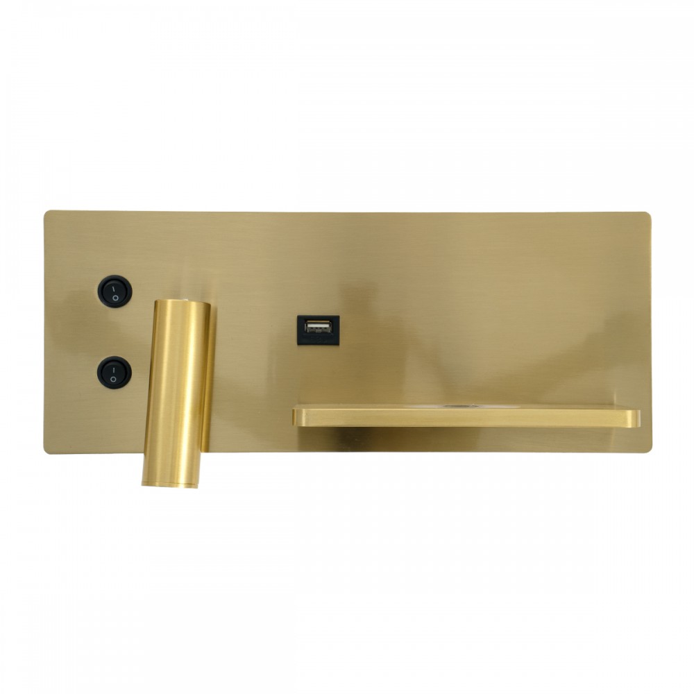 GloboStar® PALADIN 61358 Μοντέρνο Φωτιστικό Τοίχου - Απλίκα Ξενοδοχείου Bed Side LED 6W 720lm 36° AC 220-240V - Reading Light & Κρυφός Φωτισμός - Φορτιστές USB 3A & Wireless 20W - Μ30 x Π11 x Υ12cm - Φυσικό Λευκό 4500K - Χρυσό Βούρτσας - Δεξί