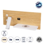 GloboStar® PALADIN 61360 Μοντέρνο Φωτιστικό Τοίχου - Απλίκα Ξενοδοχείου Bed Side LED 6W 720lm 36° AC 220-240V - Reading Light & Κρυφός Φωτισμός - Φορτιστές USB 3A & Wireless 20W - Μ30 x Π11 x Υ12cm - Φυσικό Λευκό 4500K - Ξύλο & Λευκό - Δεξί