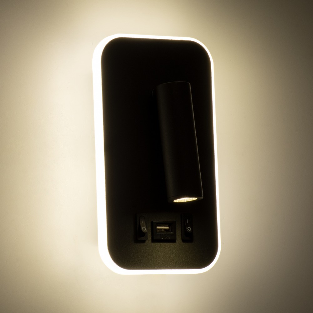 GloboStar® LADY-O 61363 Μοντέρνο Φωτιστικό Τοίχου - Απλίκα Ξενοδοχείου Bed Side LED 10W 1000lm 36° & 360° AC 220-240V - Reading Light & 360° Κρυφός Φωτισμός - Φορτιστής USB 3A - Μ10.5 x Π10 x Υ18.5cm - Φυσικό Λευκό 4500K - Μαύρο