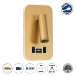 GloboStar® LADY-O 61366 Μοντέρνο Φωτιστικό Τοίχου - Απλίκα Ξενοδοχείου Bed Side LED 10W 1000lm 36° & 360° AC 220-240V - Reading Light & 360° Κρυφός Φωτισμός - Φορτιστής USB 3A - Μ10.5 x Π10 x Υ18.5cm - Φυσικό Λευκό 4500K - Χρυσό Βούρτσας