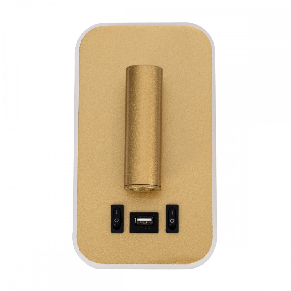 GloboStar® LADY-O 61366 Μοντέρνο Φωτιστικό Τοίχου - Απλίκα Ξενοδοχείου Bed Side LED 10W 1000lm 36° & 360° AC 220-240V - Reading Light & 360° Κρυφός Φωτισμός - Φορτιστής USB 3A - Μ10.5 x Π10 x Υ18.5cm - Φυσικό Λευκό 4500K - Χρυσό Βούρτσας