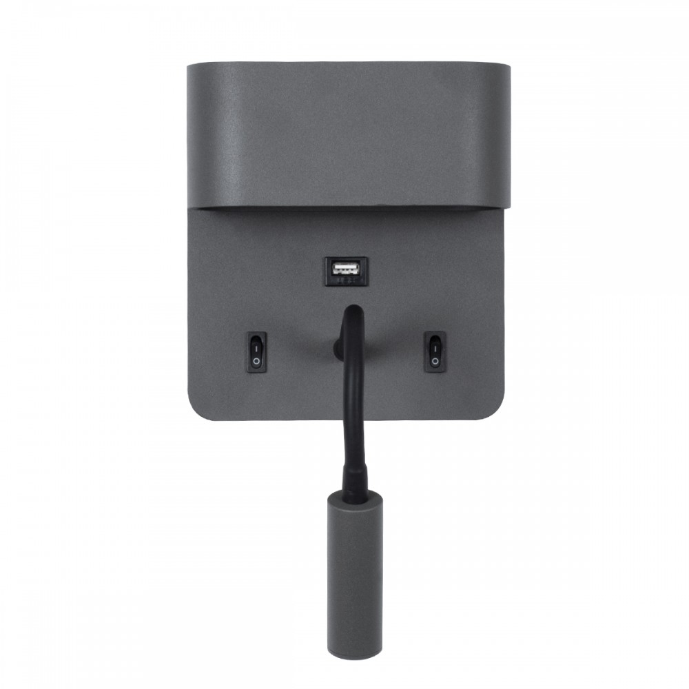 GloboStar® IBIS 61369 Μοντέρνο Φωτιστικό Τοίχου - Απλίκα Ξενοδοχείου Bed Side LED 10W 1100lm 36° & 360° AC 220-240V - Reading Light & Up/Down Light - Φορτιστής USB 3A - Μ10 x Π6.1 x Υ18cm - Φυσικό Λευκό 4500K - Γκρι Ανθρακί