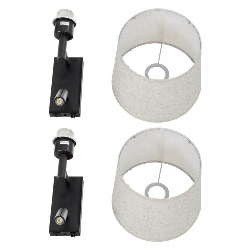 GloboStar® ROULETTE-R 61379 Μοντέρνο Φωτιστικό Τοίχου - Απλίκα Ξενοδοχείου Bed Side LED 3W 360lm & 1 x E27 36° & 360° AC 220-240V - Reading Up/Down Light - Φορτιστής USB 3A - Μ22 x Π23.5 x Υ37cm - Φυσικό Λευκό 4500K - Μαύρο με Μπεζ Καπέλο - Σετ 2 