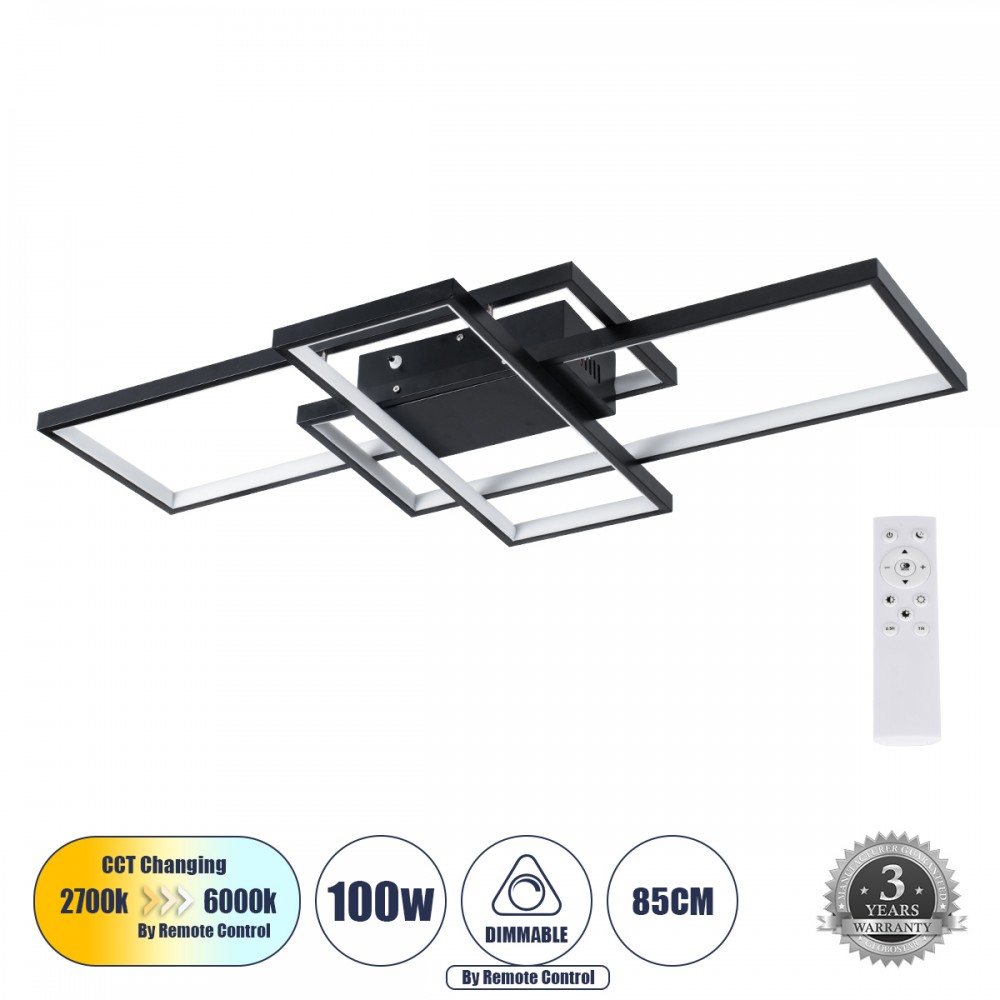 GLOBOSTAR® QUADRA 61385 Μοντέρνο Φωτιστικό Οροφής LED 100W 12000lm 120° AC 220-240V IP20 Ρυθμιζόμενο Λευκό CCT με Χειριστήριο από 2700K έως 6000K Dimmable - Lumileds SMD Chip - Μαύρο Ματ - Μ85 x Π45 x Υ9cm - 3 Χρόνια Εγγύηση