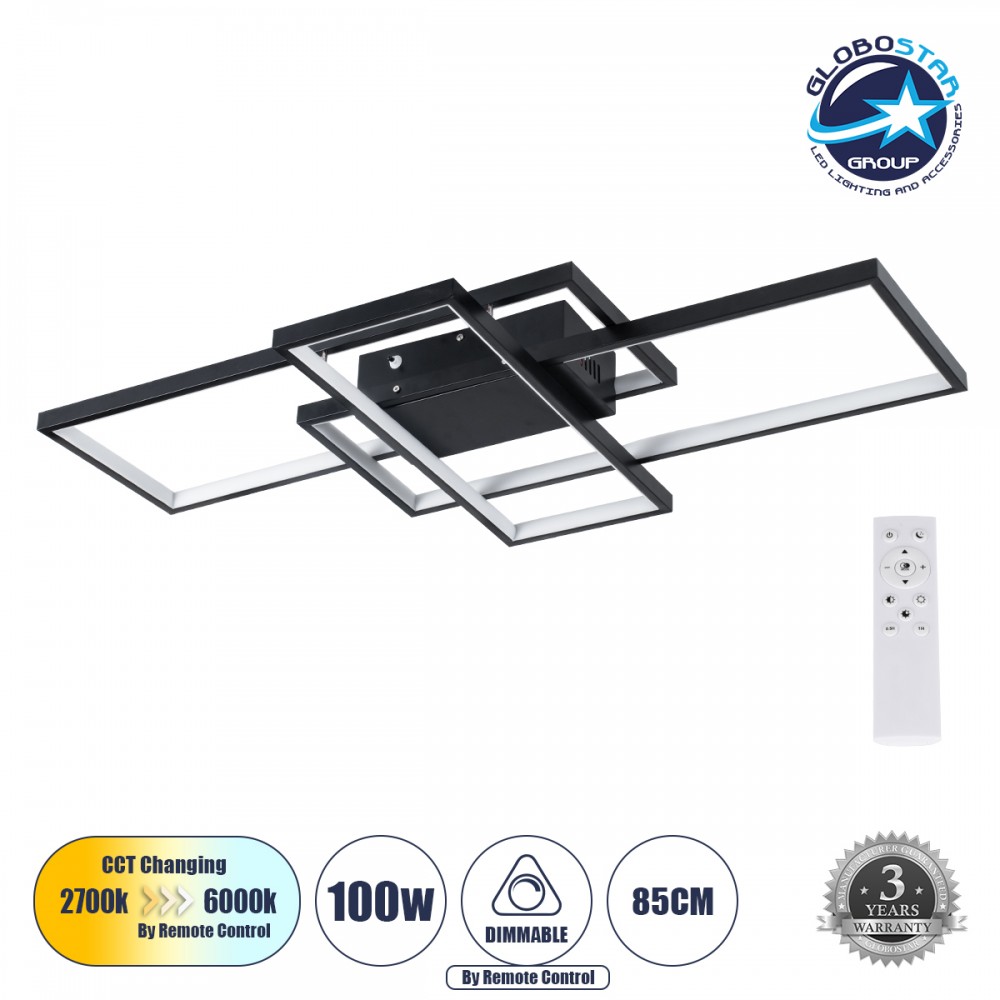 GLOBOSTAR® QUADRA 61385 Μοντέρνο Φωτιστικό Οροφής LED 100W 12000lm 120° AC 220-240V IP20 Ρυθμιζόμενο Λευκό CCT με Χειριστήριο από 2700K έως 6000K Dimmable - Lumileds SMD Chip - Μαύρο Ματ - Μ85 x Π45 x Υ9cm - 3 Χρόνια Εγγύηση