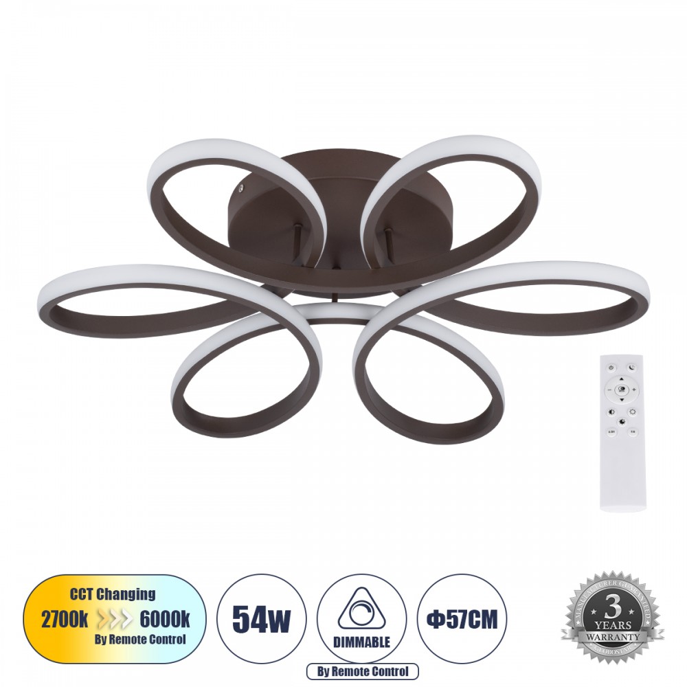 GLOBOSTAR® MARGARET 61402 Μοντέρνο Κρεμαστό Φωτιστικό Οροφής LED 54W 6210lm 360° AC 220-240V IP20 Ρυθμιζόμενο Λευκό CCT με Χειριστήριο από 2700K έως 6000K Dimmable - Lumileds SMD Chip - Καφέ Ματ - Μ57 x Π57 x Υ12cm - 3 Χρόνια Εγγύηση