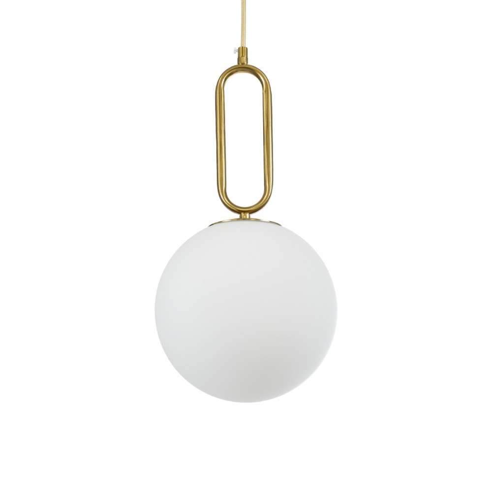 GloboStar® BELLISSIMO 61486 Μοντέρνο Κρεμαστό Φωτιστικό Οροφής Μονόφωτο 1 x E27 Γαλακτερή Γυάλινη Μπάλα με Μεταλλικό Επιχρυσωμενό Πλατίνα Σώμα Φ20 x Υ42cm