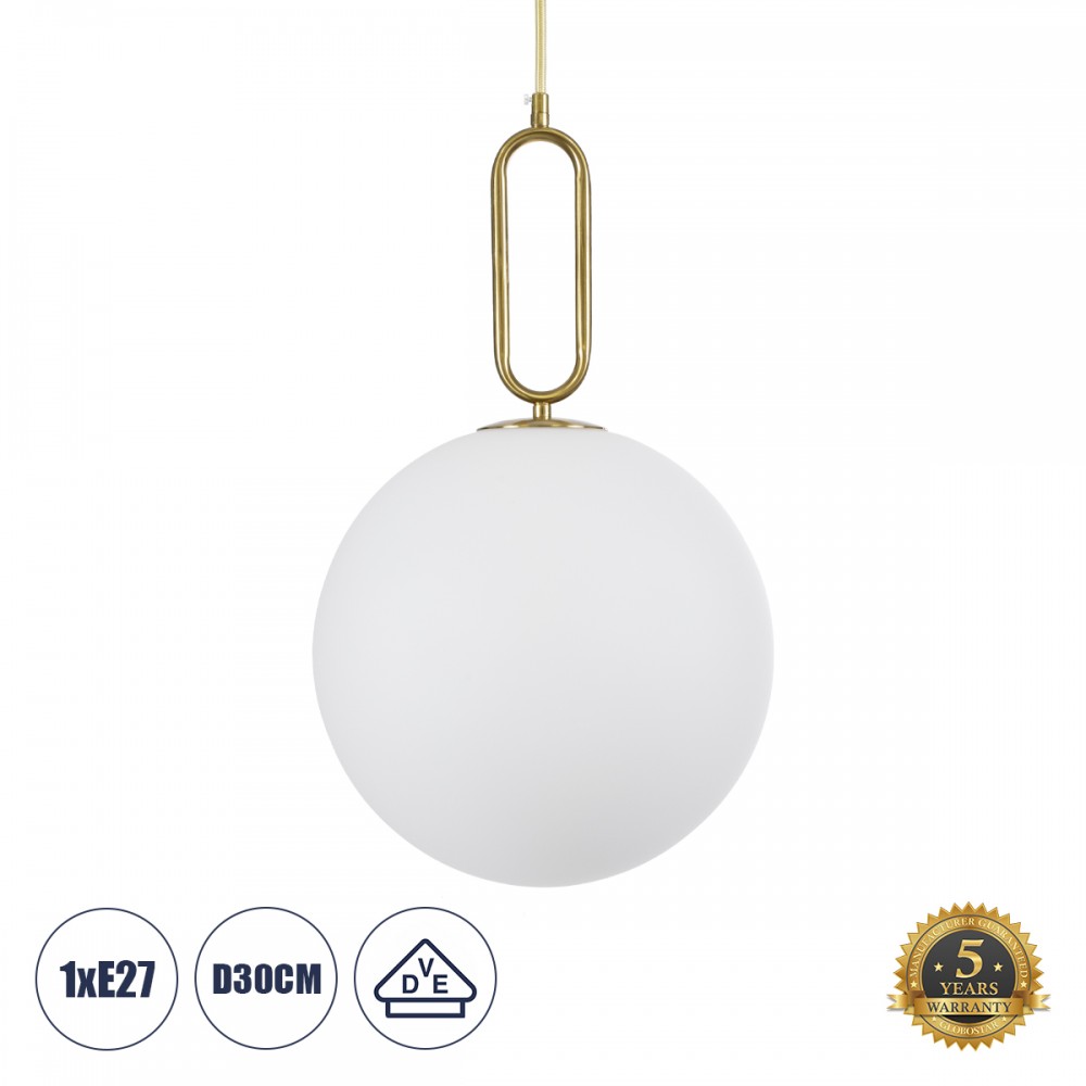 GloboStar® BELLISSIMO 61487 Μοντέρνο Κρεμαστό Φωτιστικό Μπάλα Μονόφωτο 1 x E27 IP20 Λευκό Γυαλί με Χρυσό Μέταλλο - Μ30 x Π30 x Υ52cm