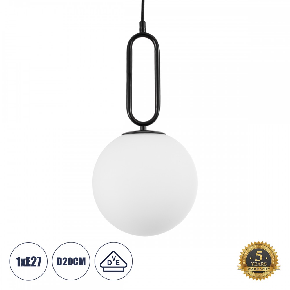 GloboStar® BELLISSIMO 61489 Μοντέρνο Κρεμαστό Φωτιστικό Μπάλα Μονόφωτο 1 x E27 IP20 Λευκό Γυαλί με Μαύρο Μέταλλο - Μ20 x Π20 x Υ42cm