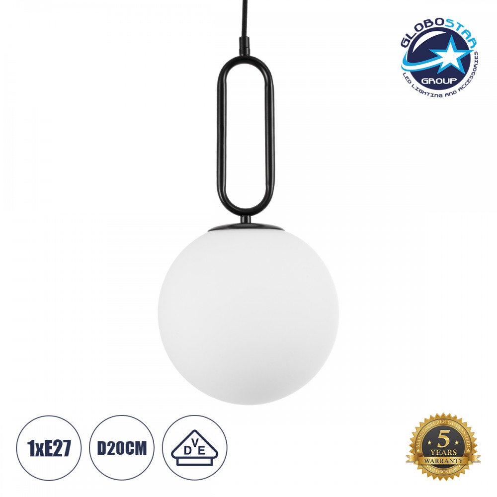 GloboStar® BELLISSIMO 61489 Μοντέρνο Κρεμαστό Φωτιστικό Μπάλα Μονόφωτο 1 x E27 IP20 Λευκό Γυαλί με Μαύρο Μέταλλο - Μ20 x Π20 x Υ42cm