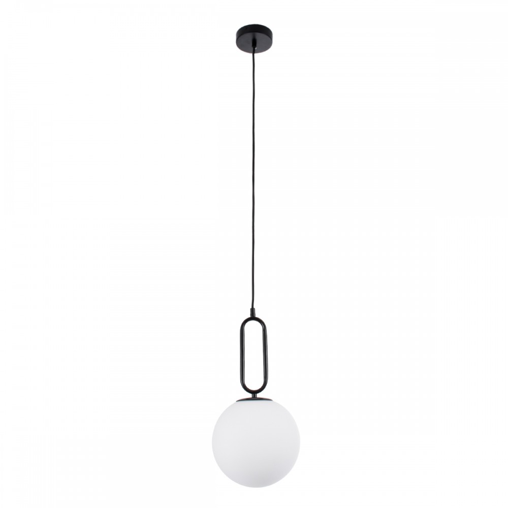 GloboStar® BELLISSIMO 61489 Μοντέρνο Κρεμαστό Φωτιστικό Οροφής Μονόφωτο 1 x E27 Γαλακτερή Γυάλινη Μπάλα με Μεταλλικό Μαύρο Ματ Σώμα Φ20 x Υ42cm