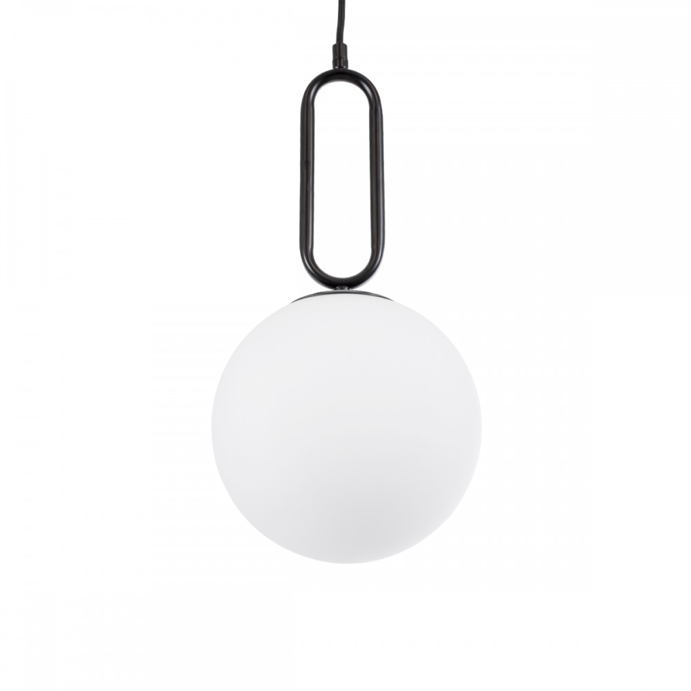 GloboStar® BELLISSIMO 61489 Μοντέρνο Κρεμαστό Φωτιστικό Οροφής Μονόφωτο 1 x E27 Γαλακτερή Γυάλινη Μπάλα με Μεταλλικό Μαύρο Ματ Σώμα Φ20 x Υ42cm