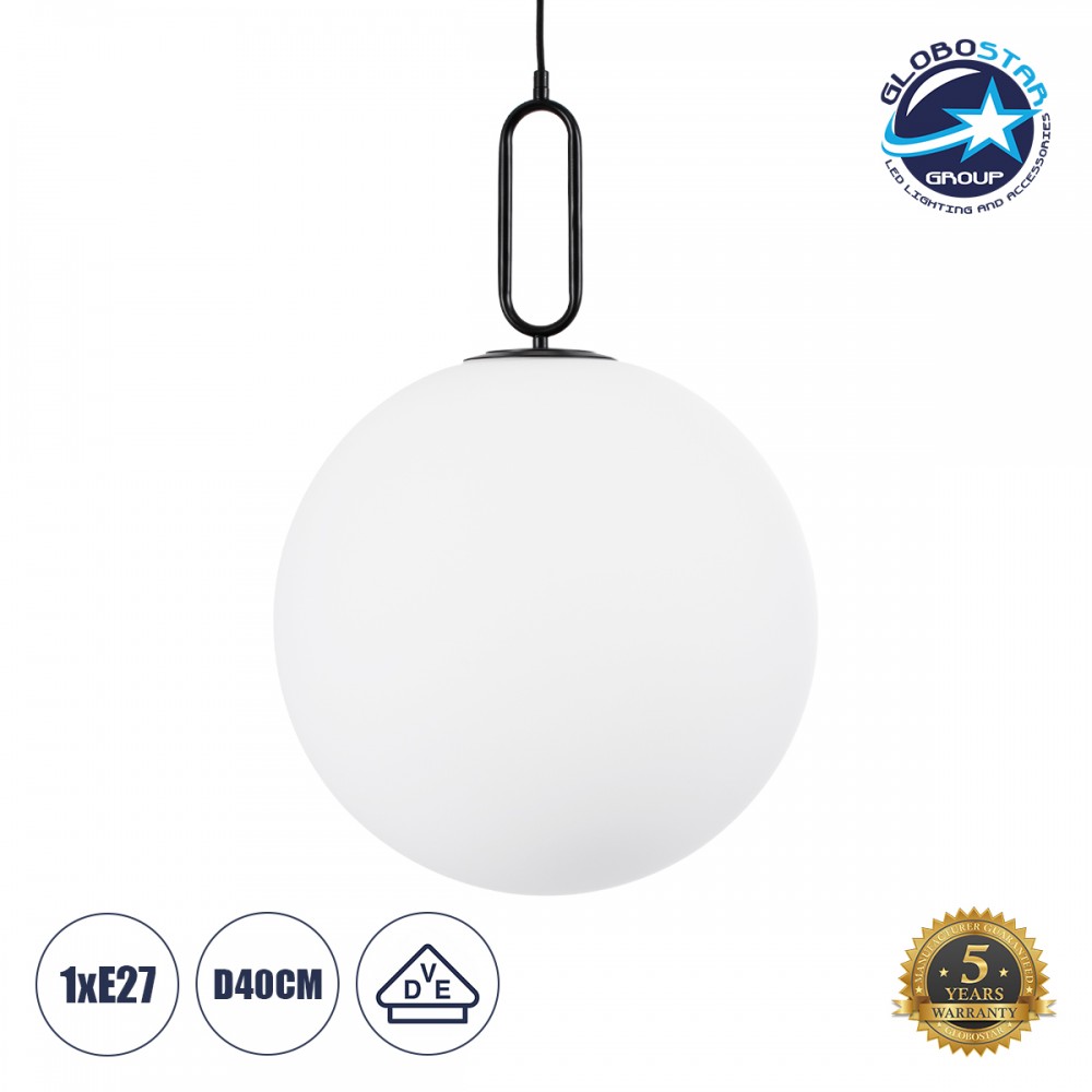 GloboStar® BELLISSIMO 61491 Μοντέρνο Κρεμαστό Φωτιστικό Μπάλα Μονόφωτο 1 x E27 IP20 Λευκό Γυαλί με Μαύρο Μέταλλο - Μ40 x Π40 x Υ62cm