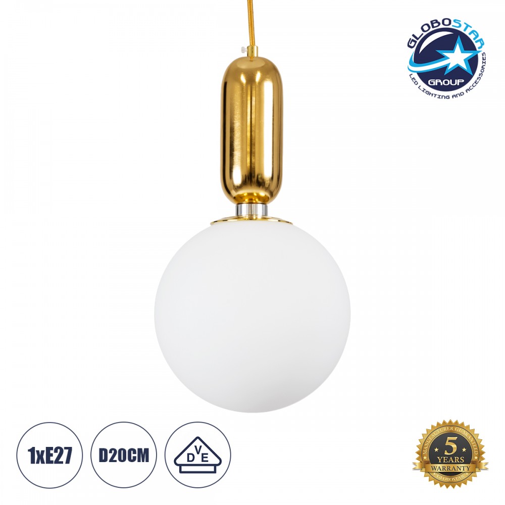 GloboStar® ESTETICO 61492 Μοντέρνο Κρεμαστό Φωτιστικό Μπάλα Μονόφωτο 1 x E27 IP20 Λευκό Γυαλί με Χρυσό Μέταλλο - Μ20 x Π20 x Υ38cm