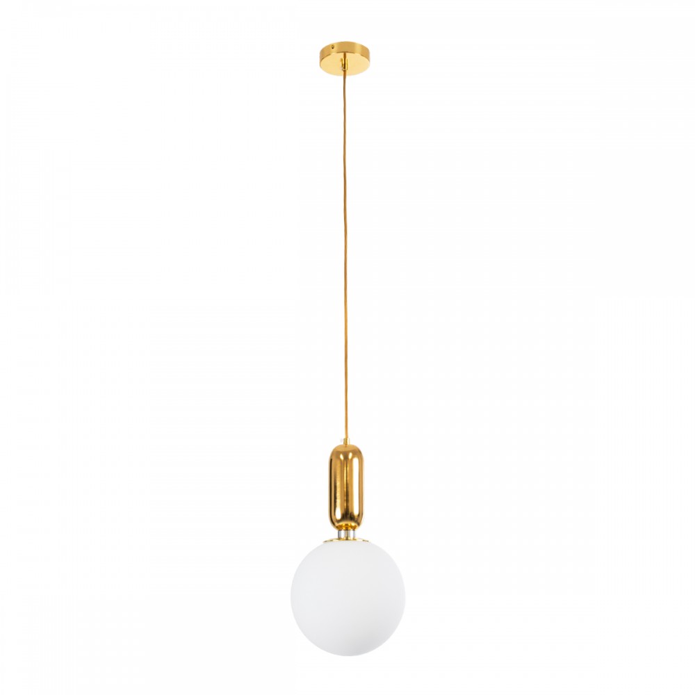 GloboStar® ESTETICO 61492 Μοντέρνο Κρεμαστό Φωτιστικό Οροφής Μονόφωτο 1 x E27 Γαλακτερή Γυάλινη Μπάλα με Μεταλλικό Επιχρυσωμενό Πλατίνα Σώμα Φ20 x Υ38cm
