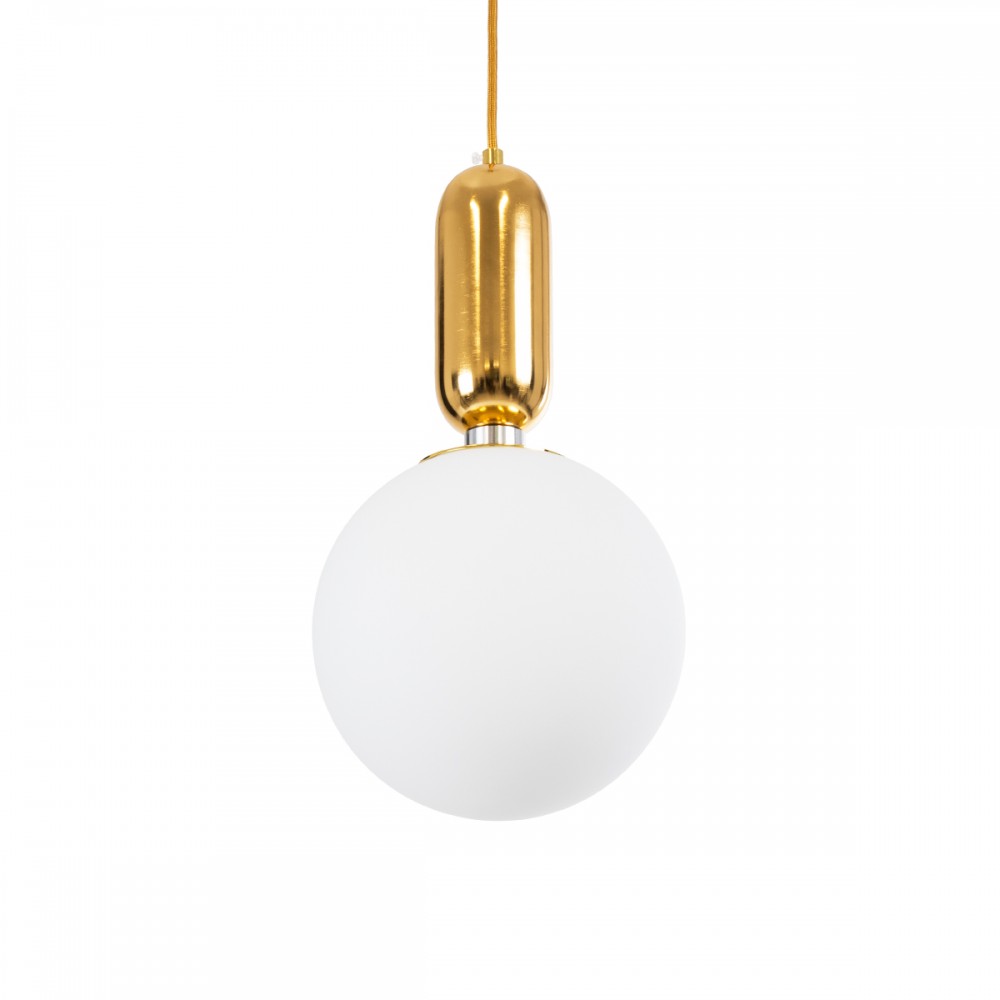 GloboStar® ESTETICO 61492 Μοντέρνο Κρεμαστό Φωτιστικό Οροφής Μονόφωτο 1 x E27 Γαλακτερή Γυάλινη Μπάλα με Μεταλλικό Επιχρυσωμενό Πλατίνα Σώμα Φ20 x Υ38cm