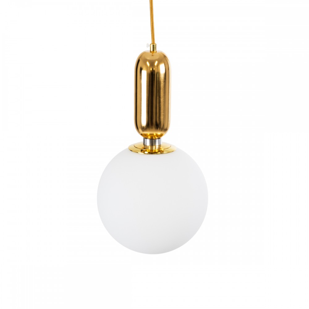 GloboStar® ESTETICO 61492 Μοντέρνο Κρεμαστό Φωτιστικό Οροφής Μονόφωτο 1 x E27 Γαλακτερή Γυάλινη Μπάλα με Μεταλλικό Επιχρυσωμενό Πλατίνα Σώμα Φ20 x Υ38cm