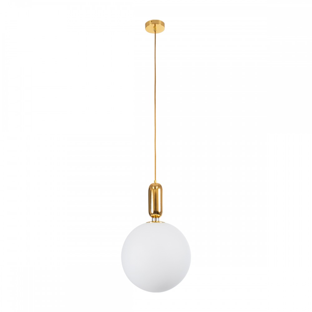 GloboStar® ESTETICO 61493 Μοντέρνο Κρεμαστό Φωτιστικό Οροφής Μονόφωτο 1 x E27 Γαλακτερή Γυάλινη Μπάλα με Μεταλλικό Επιχρυσωμενό Πλατίνα Σώμα Φ30 x Υ48cm