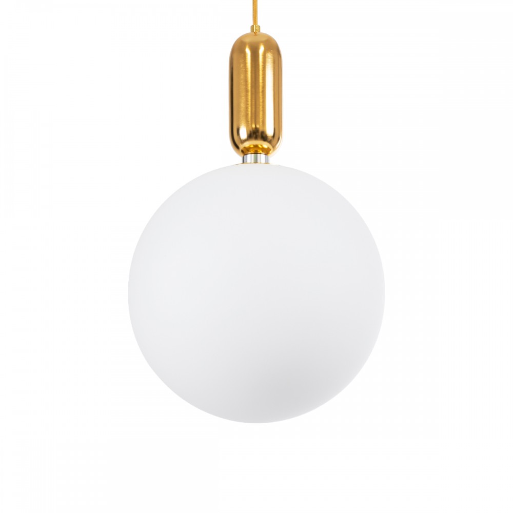 GloboStar® ESTETICO 61493 Μοντέρνο Κρεμαστό Φωτιστικό Οροφής Μονόφωτο 1 x E27 Γαλακτερή Γυάλινη Μπάλα με Μεταλλικό Επιχρυσωμενό Πλατίνα Σώμα Φ30 x Υ48cm