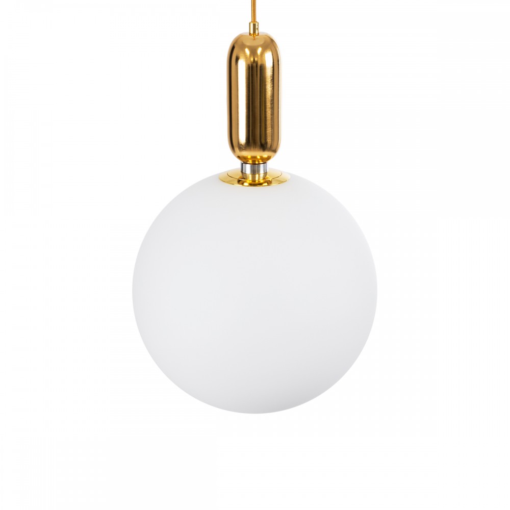 GloboStar® ESTETICO 61493 Μοντέρνο Κρεμαστό Φωτιστικό Οροφής Μονόφωτο 1 x E27 Γαλακτερή Γυάλινη Μπάλα με Μεταλλικό Επιχρυσωμενό Πλατίνα Σώμα Φ30 x Υ48cm