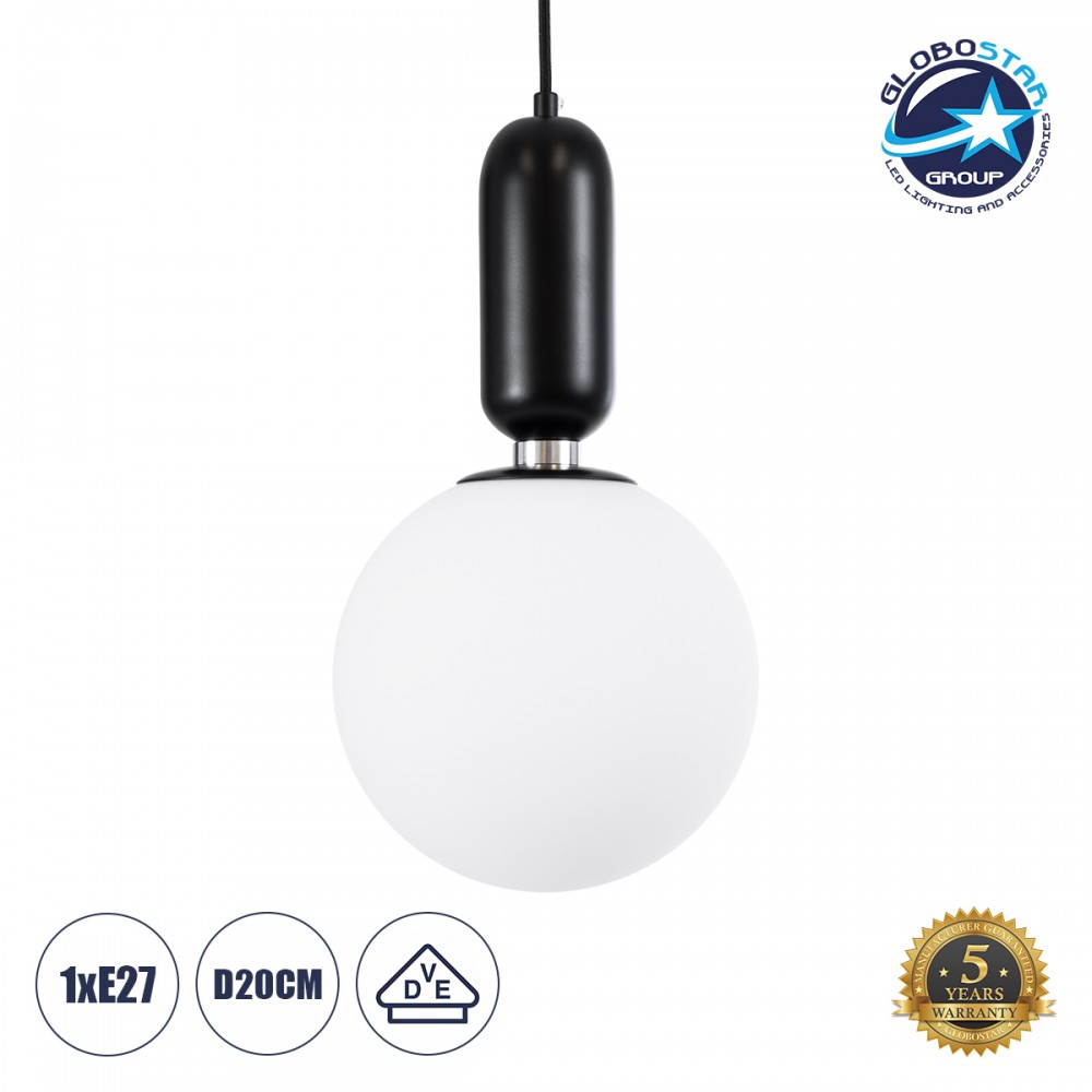 GloboStar® ESTETICO 61495 Μοντέρνο Κρεμαστό Φωτιστικό Μπάλα Μονόφωτο 1 x E27 IP20 Λευκό Γυαλί με Μαύρο Μέταλλο - Μ20 x Π20 x Υ38cm