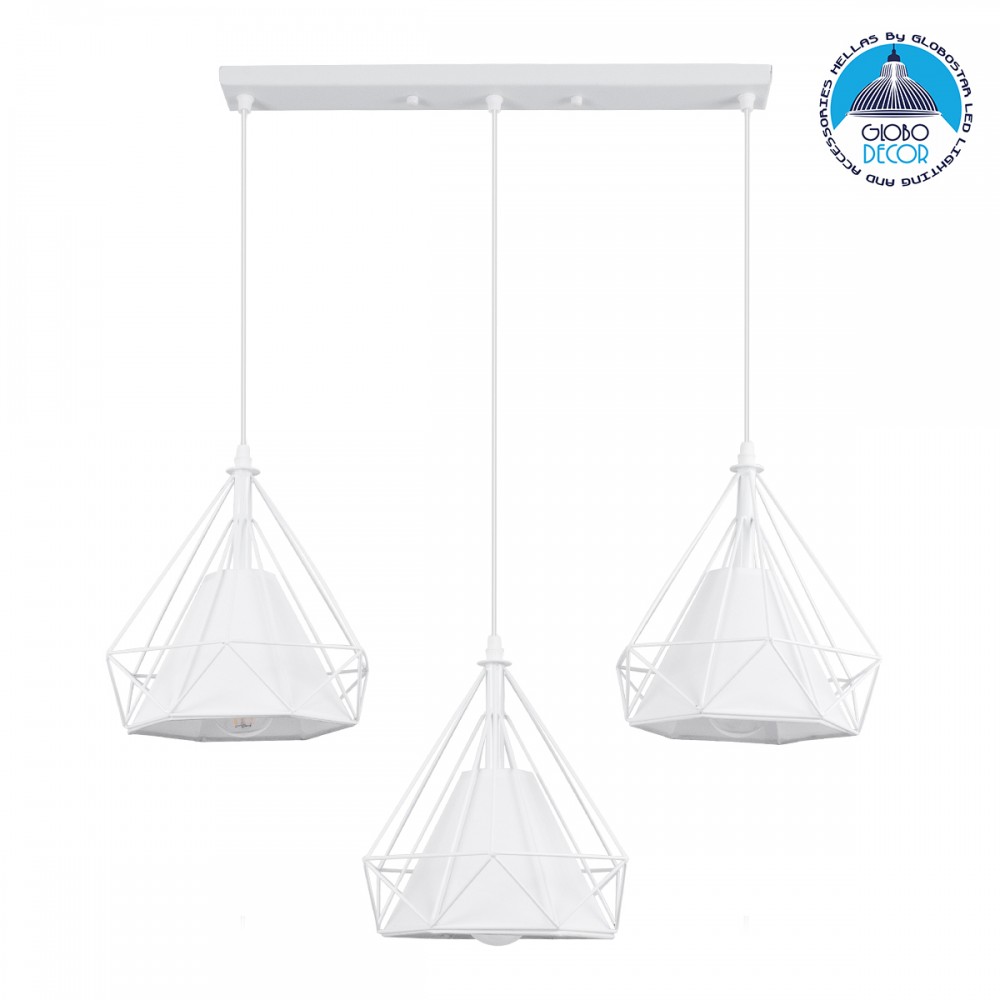 GloboStar® EIFFEL 61570 Vintage Κρεμαστό Φωτιστικό Ράγα Τρίφωτο 3 x E27 IP20 Λευκό Μέταλλο με Λευκό Ύφασμα - Μ68 x Π25 x Υ130cm