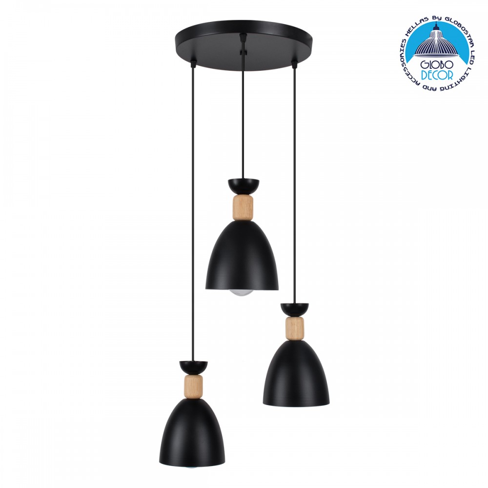 GloboStar® AVA 61572 Μοντέρνο Κρεμαστό Φωτιστικό Καμπάνα Τρίφωτο 3 x E27 IP20 Μαύρο Μέταλλο με Μπεζ Ξύλο - Μ35 x Π35 x Υ130cm